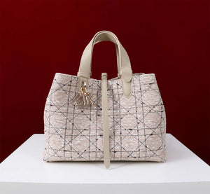 Dior M2820 Large Dior Toujours Bag Beige Tweed with White Cannage Motif - Default Title - View 3