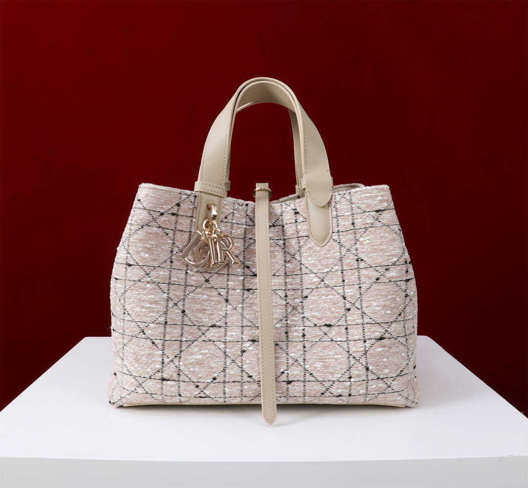 Dior M2820 Large Dior Toujours Bag Beige Tweed with White Cannage Motif