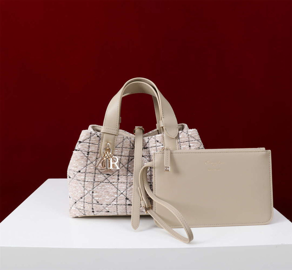 Dior M2821 Medium Dior Toujours Bag Beige Tweed with White Cannage Motif