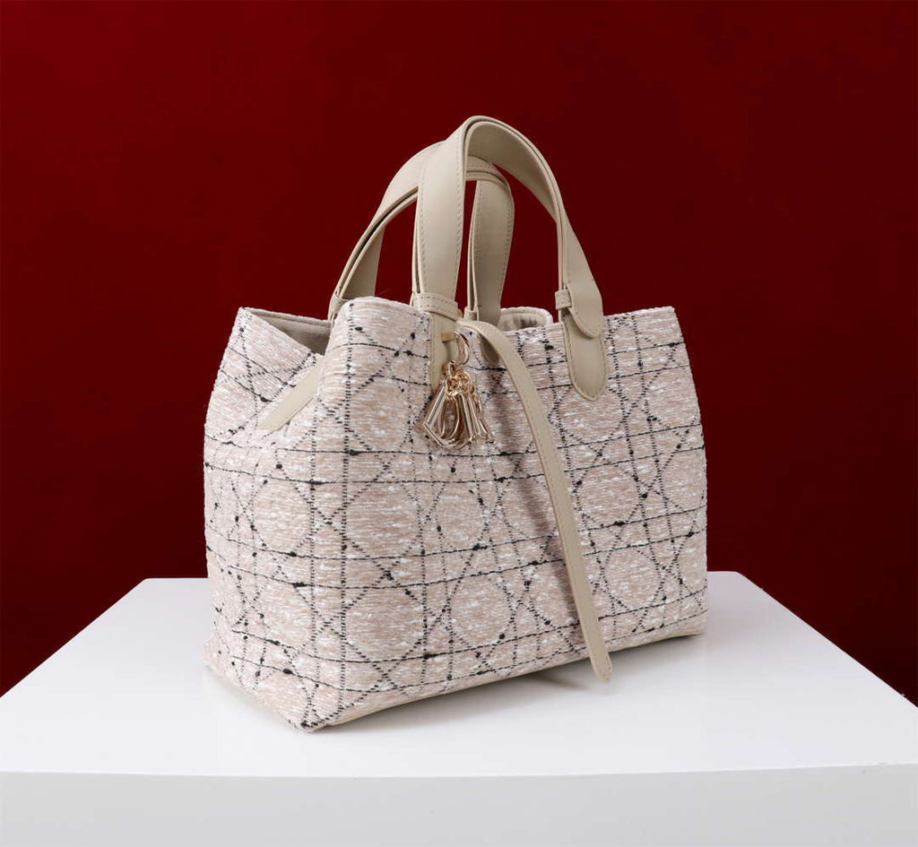 Dior M2820 Large Dior Toujours Bag Beige Tweed with White Cannage Motif