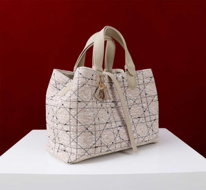 Dior M2820 Large Dior Toujours Bag Beige Tweed with White Cannage Motif - Default Title - View 4