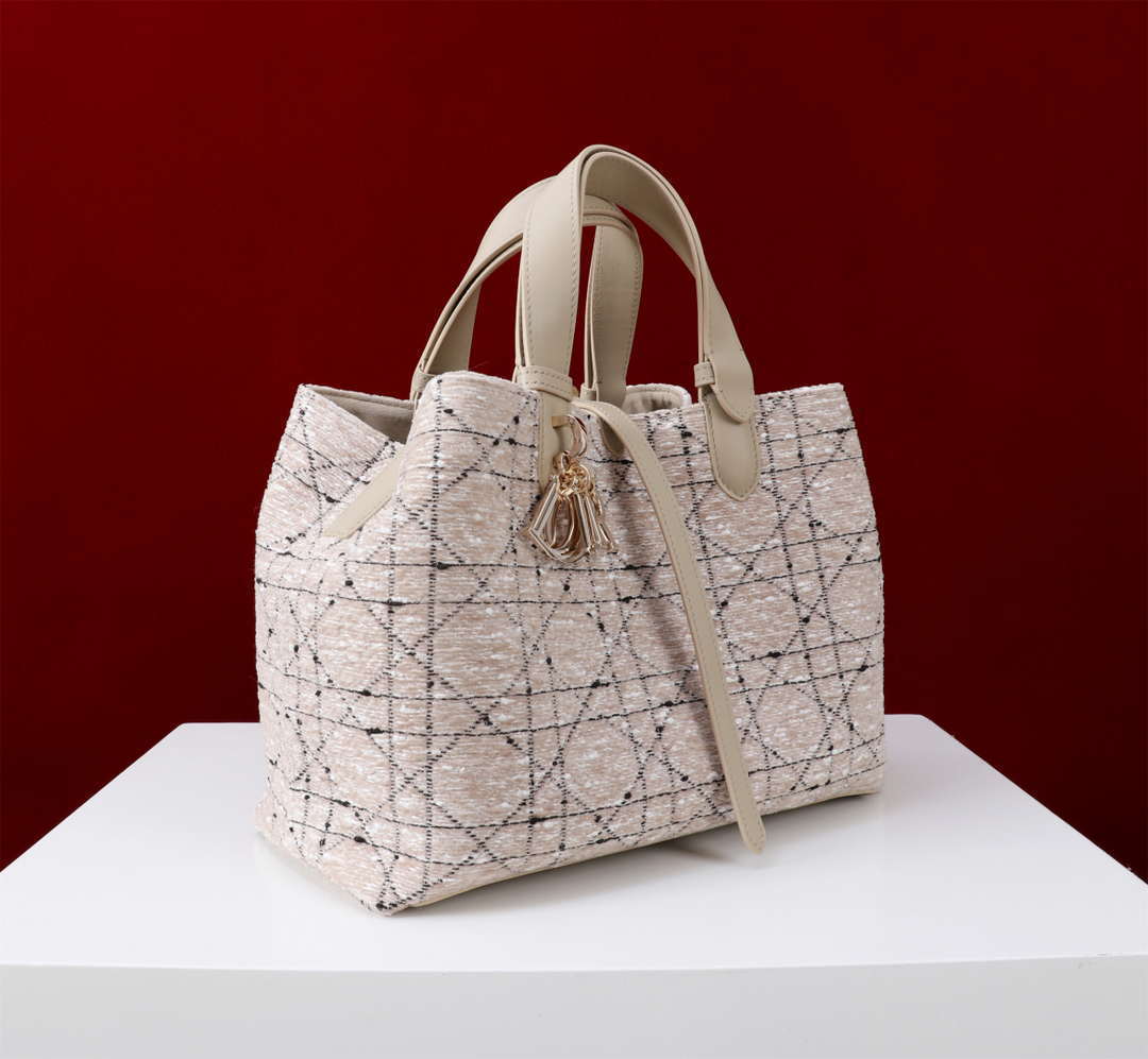 Dior M2820 Large Dior Toujours Bag Beige Tweed with White Cannage Motif