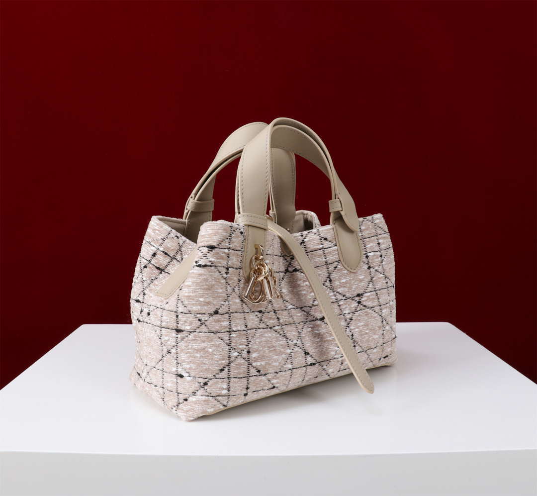 Dior M2821 Medium Dior Toujours Bag Beige Tweed with White Cannage Motif