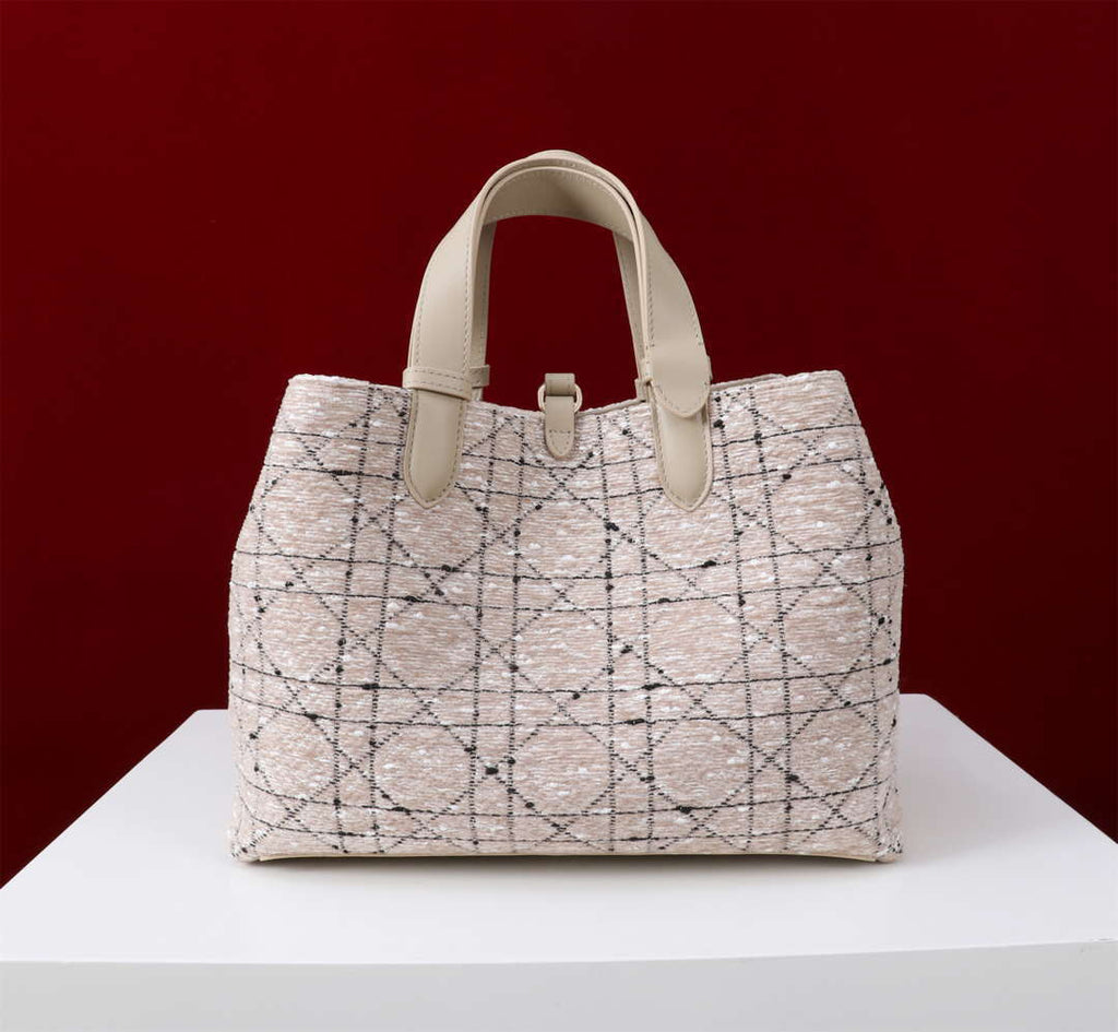 Dior M2820 Large Dior Toujours Bag Beige Tweed with White Cannage Motif