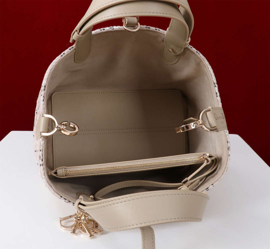 Dior M2821 Medium Dior Toujours Bag Beige Tweed with White Cannage Motif