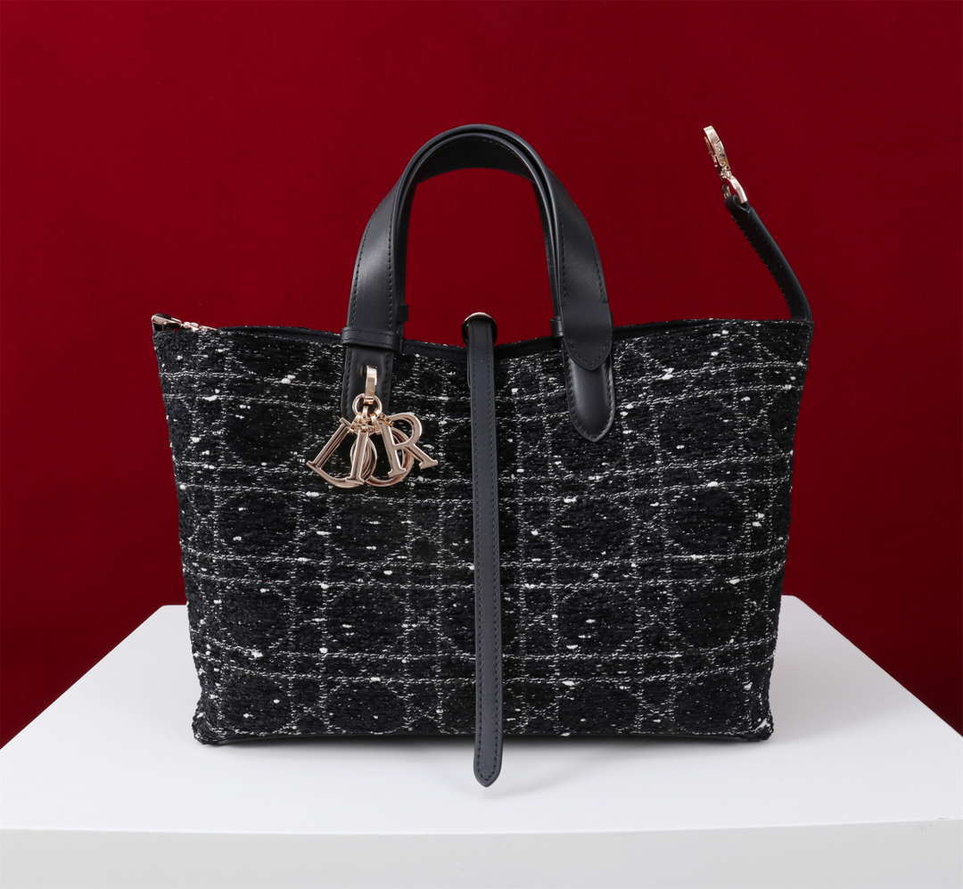 Dior M2820 Large Dior Toujours Bag Black Tweed with White Cannage Motif - Default Title - View 1
