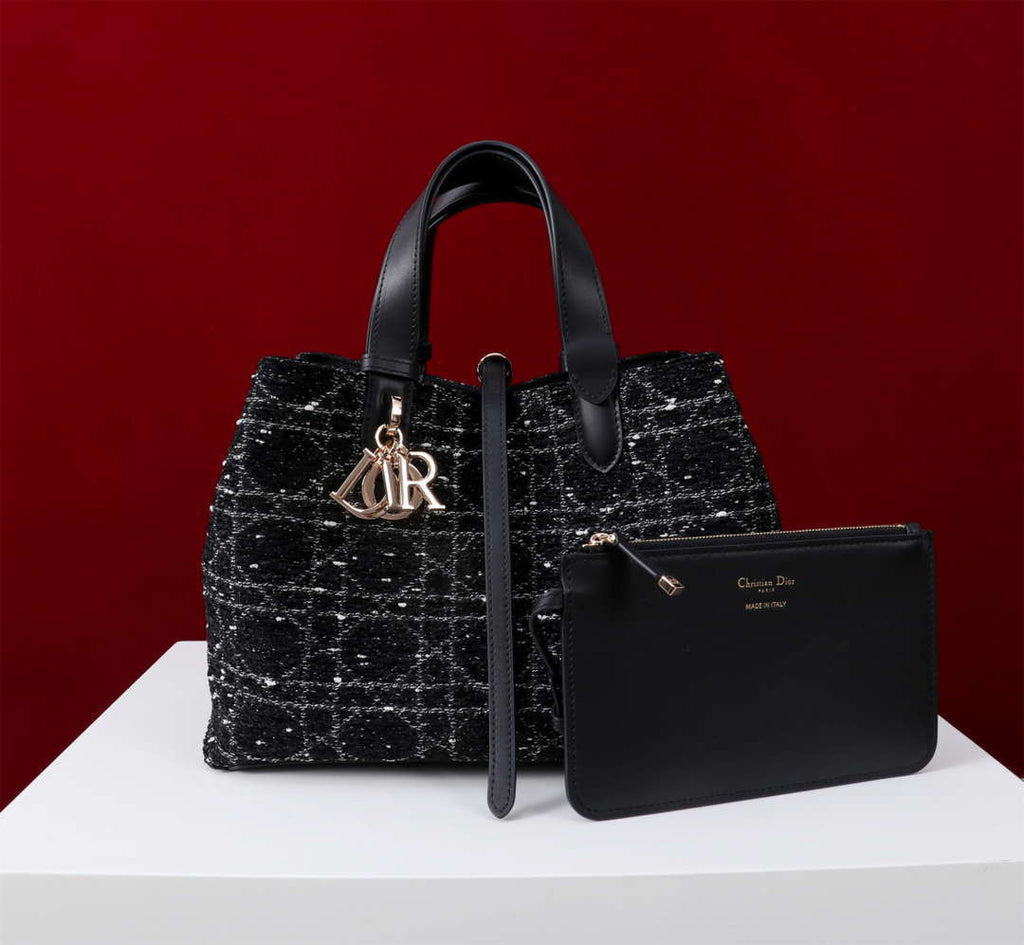 Dior M2820 Large Dior Toujours Bag Black Tweed with White Cannage Motif