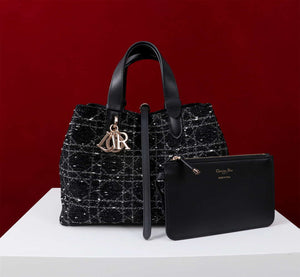 Dior M2820 Large Dior Toujours Bag Black Tweed with White Cannage Motif - Default Title - View 2