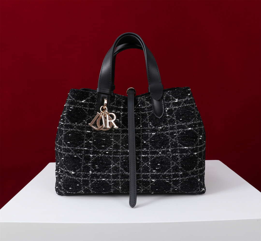 Dior M2820 Large Dior Toujours Bag Black Tweed with White Cannage Motif