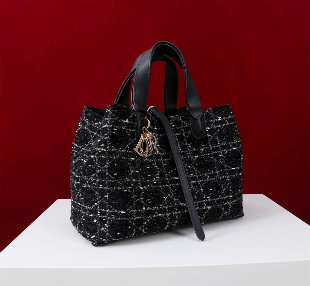 Dior M2820 Large Dior Toujours Bag Black Tweed with White Cannage Motif
