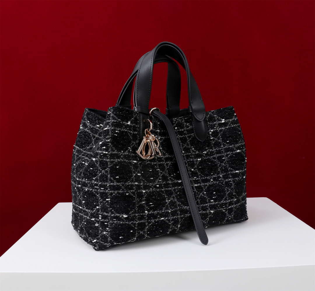 Dior M2820 Large Dior Toujours Bag Black Tweed with White Cannage Motif