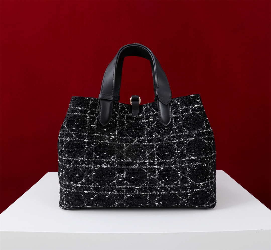 Dior M2820 Large Dior Toujours Bag Black Tweed with White Cannage Motif