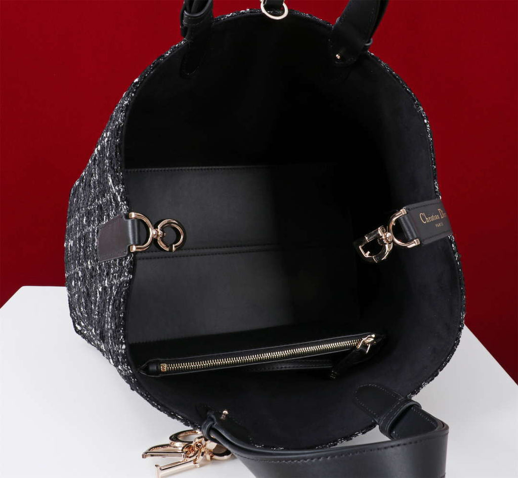 Dior M2820 Large Dior Toujours Bag Black Tweed with White Cannage Motif