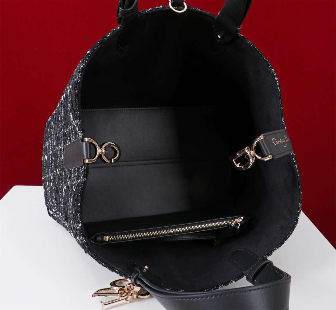 Dior M2820 Large Dior Toujours Bag Black Tweed with White Cannage Motif