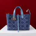 Dior M2820 Large Dior Toujours Bag Denim Blue Tweed with White Cannage Motif - Default Title - View 1