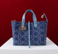 Dior M2820 Large Dior Toujours Bag Denim Blue Tweed with White Cannage Motif