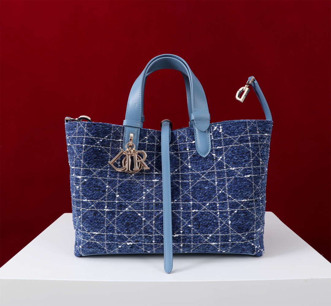 Dior M2820 Large Dior Toujours Bag Denim Blue Tweed with White Cannage Motif
