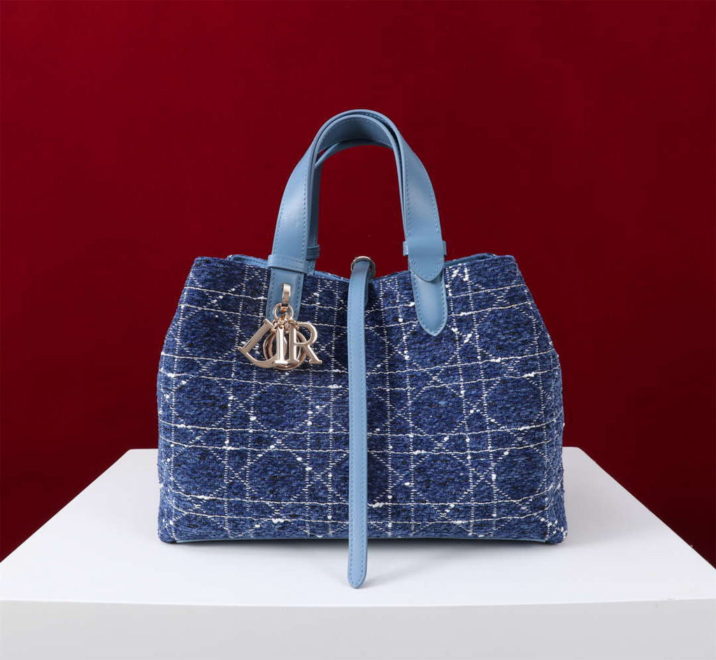 Dior M2820 Large Dior Toujours Bag Denim Blue Tweed with White Cannage Motif