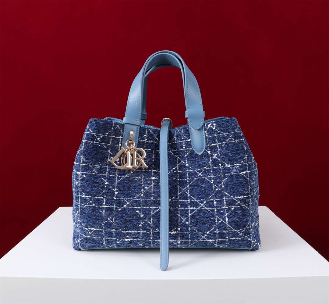 Dior M2820 Large Dior Toujours Bag Denim Blue Tweed with White Cannage Motif