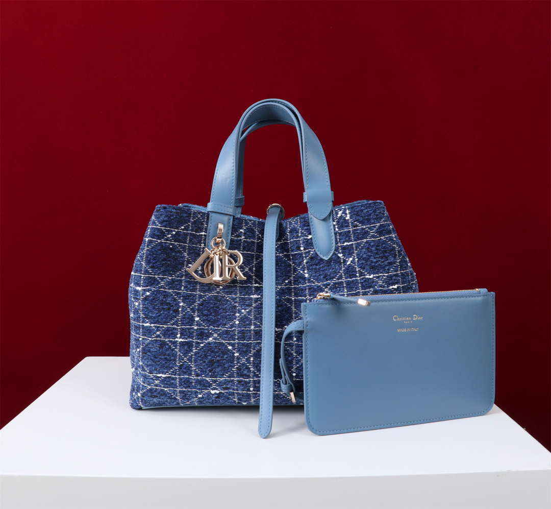 Dior M2820 Large Dior Toujours Bag Denim Blue Tweed with White Cannage Motif