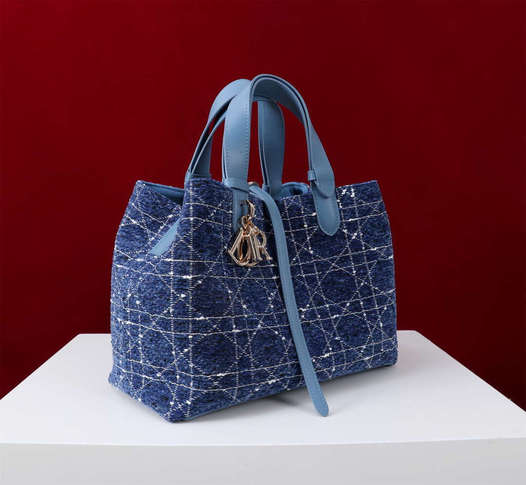 Dior M2820 Large Dior Toujours Bag Denim Blue Tweed with White Cannage Motif