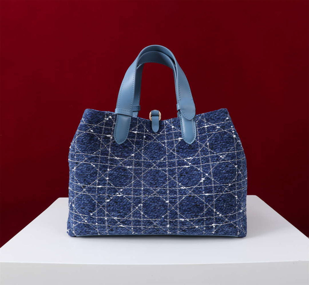 Dior M2820 Large Dior Toujours Bag Denim Blue Tweed with White Cannage Motif
