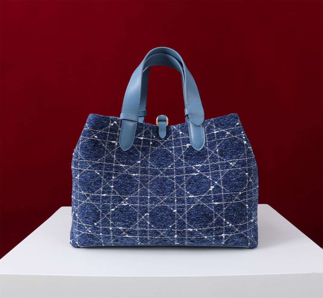 Dior M2820 Large Dior Toujours Bag Denim Blue Tweed with White Cannage Motif