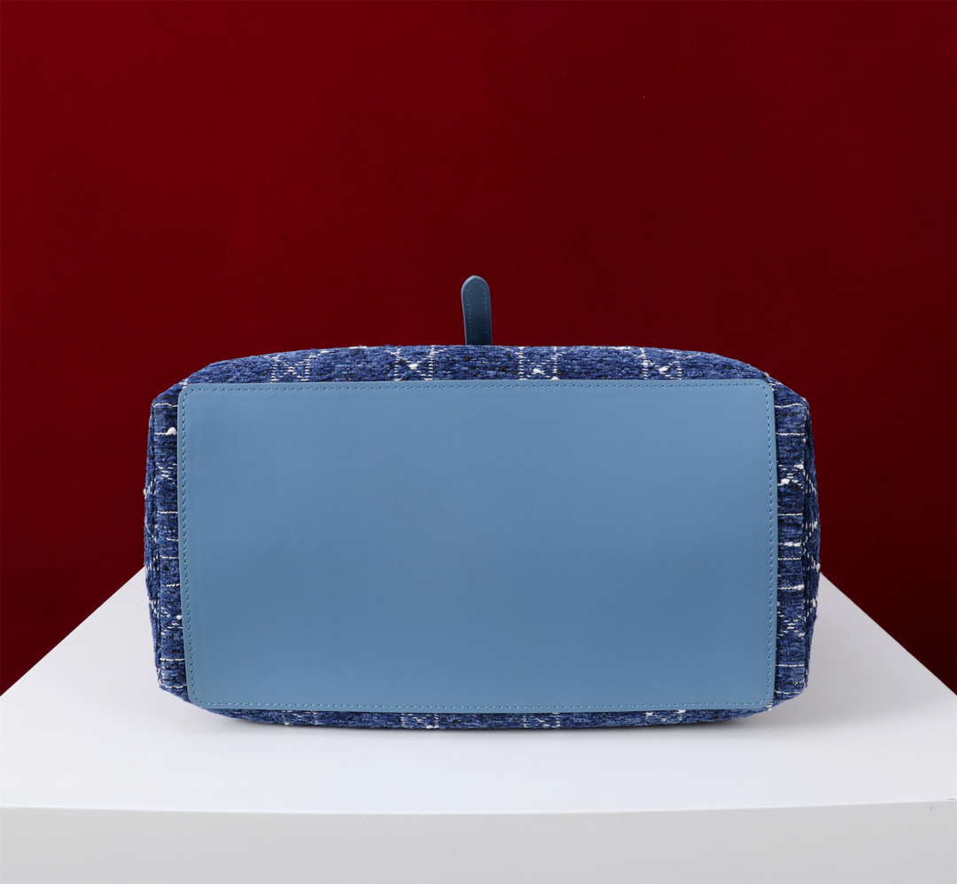 Dior M2820 Large Dior Toujours Bag Denim Blue Tweed with White Cannage Motif