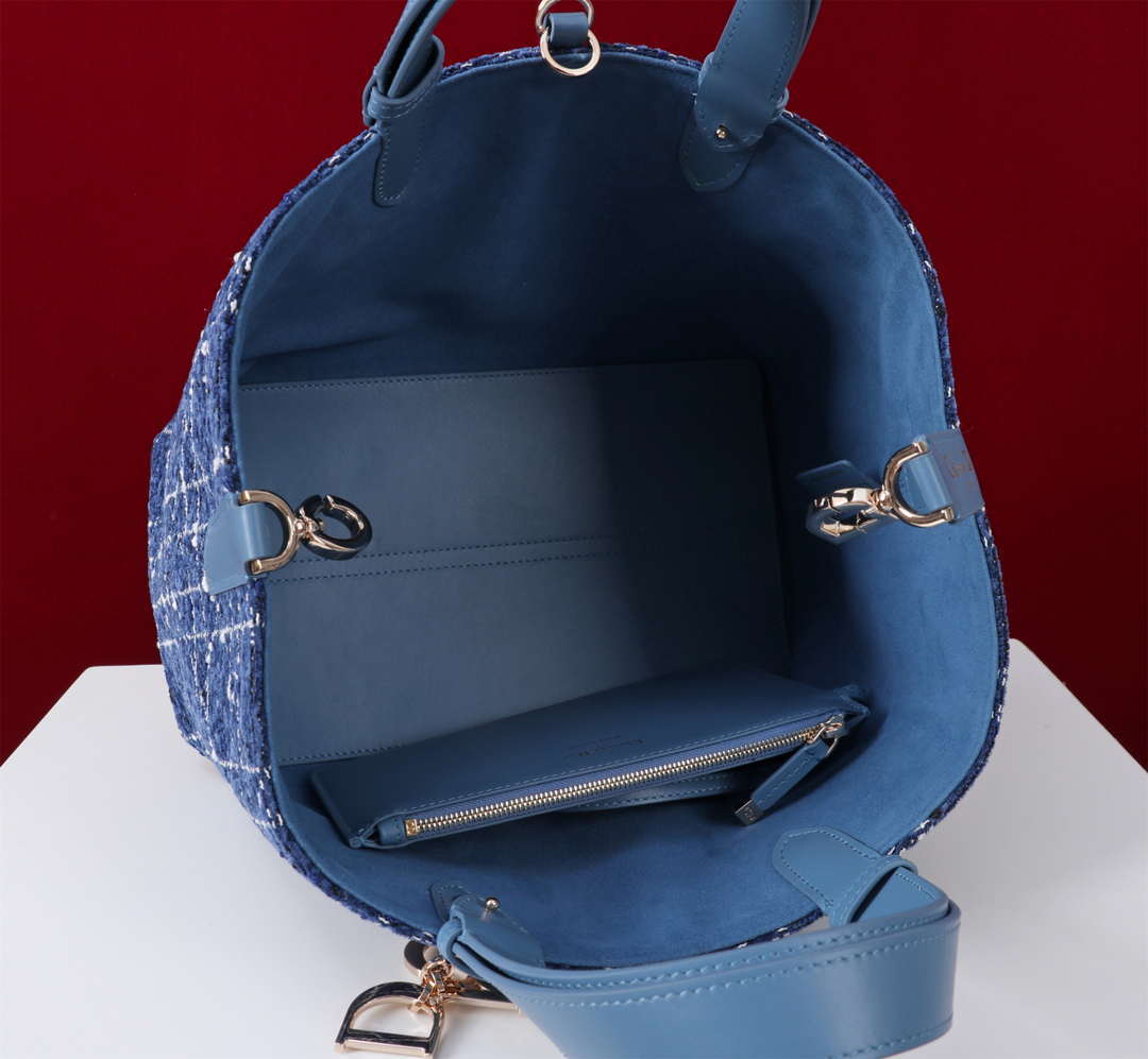 Dior M2820 Large Dior Toujours Bag Denim Blue Tweed with White Cannage Motif
