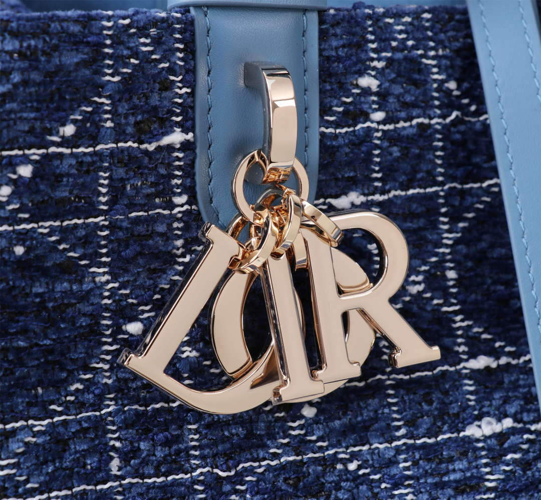 Dior M2820 Large Dior Toujours Bag Denim Blue Tweed with White Cannage Motif