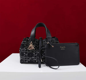 Dior M2821 Medium Dior Toujours Bag Black Tweed with White Cannage Motif - Default Title - View 2