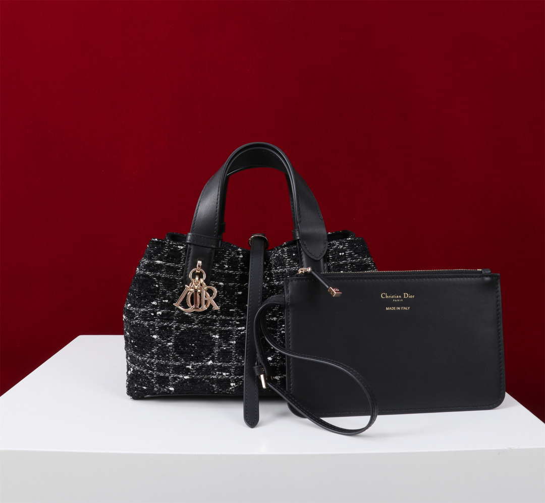 Dior M2821 Medium Dior Toujours Bag Black Tweed with White Cannage Motif