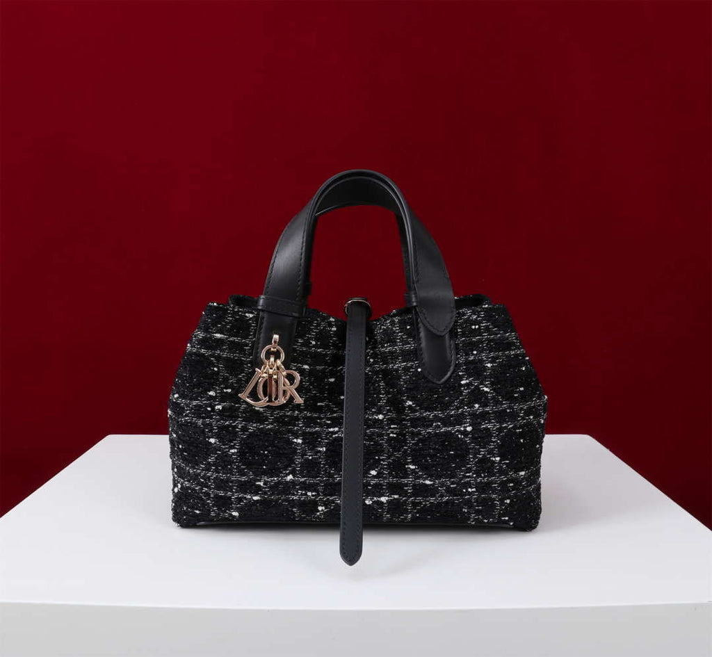 Dior M2821 Medium Dior Toujours Bag Black Tweed with White Cannage Motif