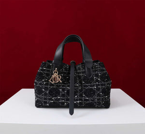 Dior M2821 Medium Dior Toujours Bag Black Tweed with White Cannage Motif - Default Title - View 3