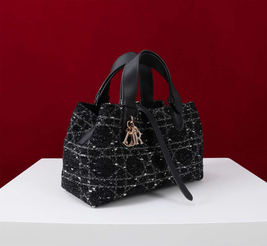 Dior M2821 Medium Dior Toujours Bag Black Tweed with White Cannage Motif