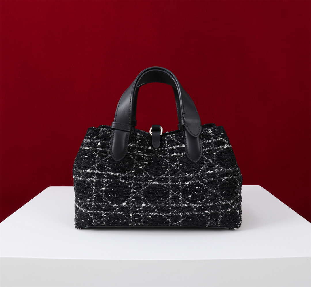 Dior M2821 Medium Dior Toujours Bag Black Tweed with White Cannage Motif