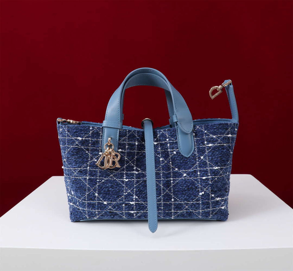 Dior M2821 Medium Dior Toujours Bag Denim Blue Tweed with White Cannage Motif