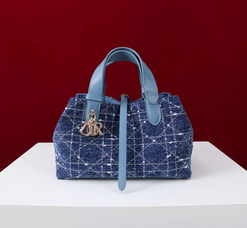 Dior M2821 Medium Dior Toujours Bag Denim Blue Tweed with White Cannage Motif