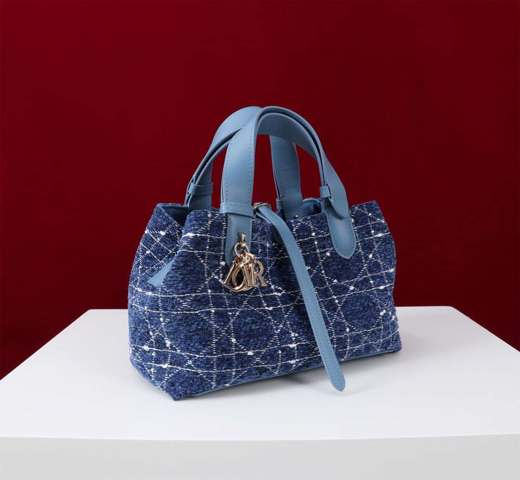 Dior M2821 Medium Dior Toujours Bag Denim Blue Tweed with White Cannage Motif