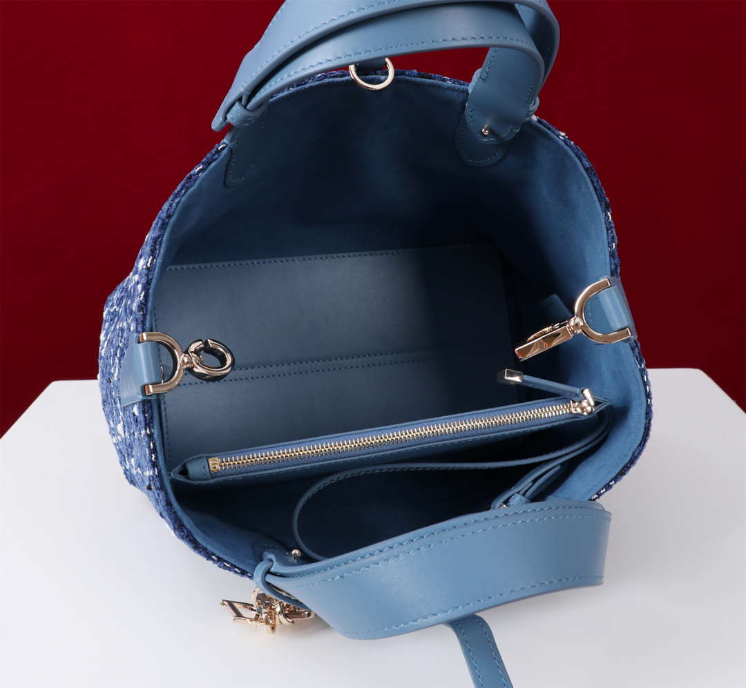Dior M2821 Medium Dior Toujours Bag Denim Blue Tweed with White Cannage Motif
