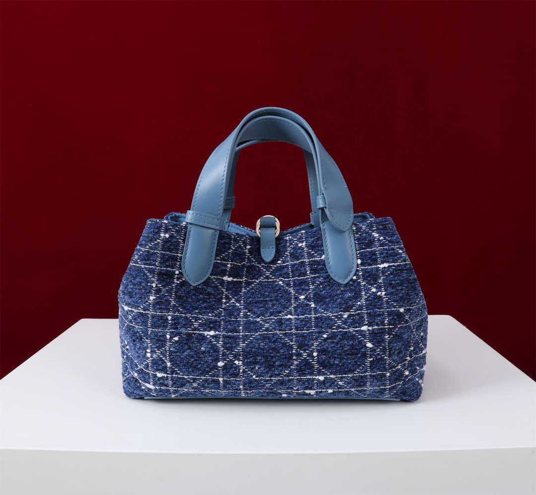 Dior M2821 Medium Dior Toujours Bag Denim Blue Tweed with White Cannage Motif
