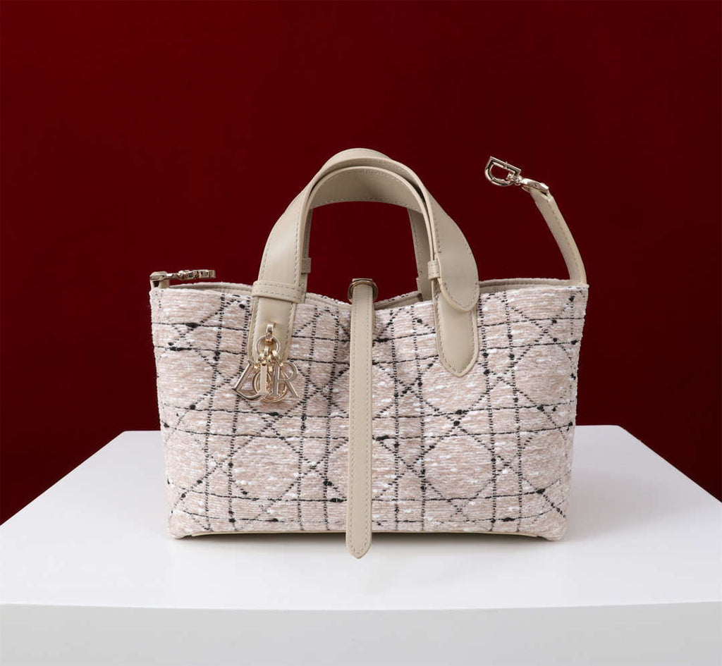 Dior M2822 Small Dior Toujours Bag Beige Tweed with White Cannage Motif