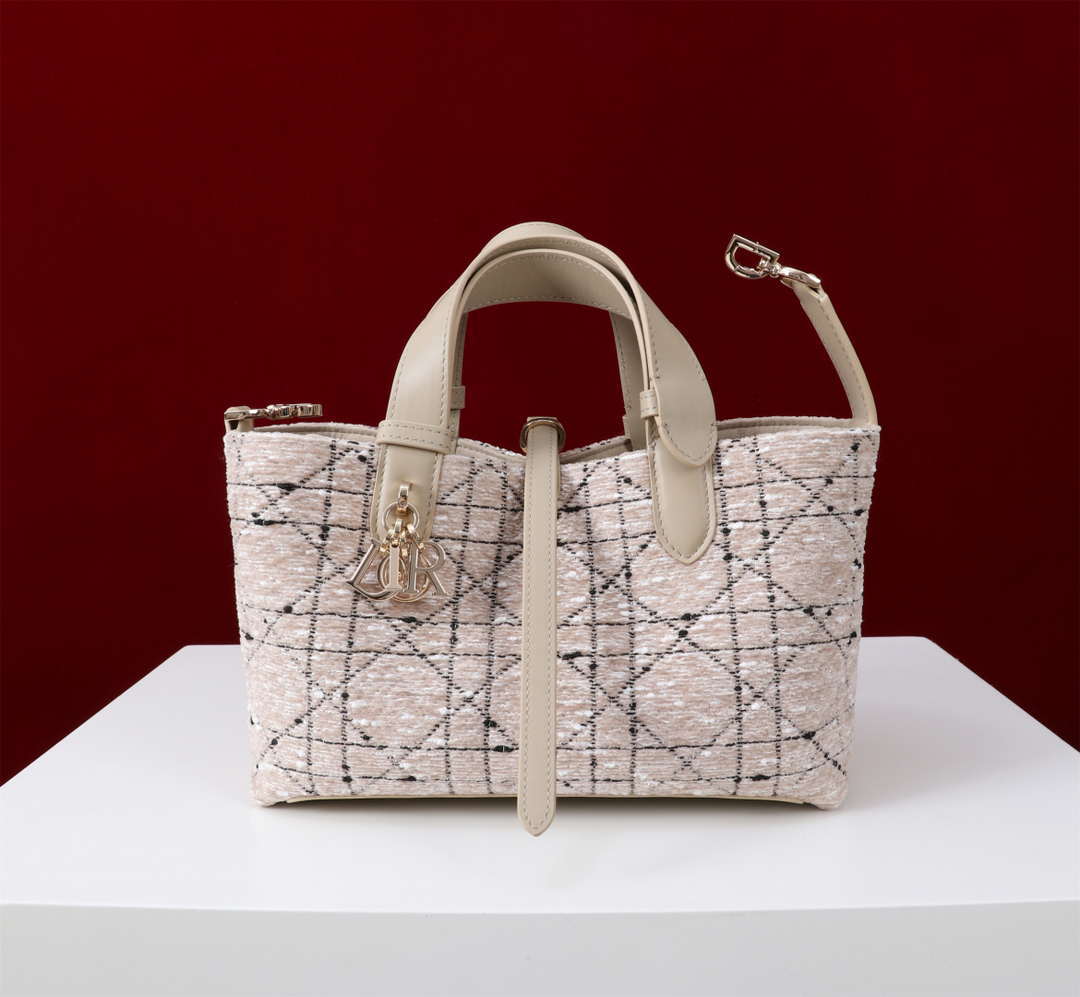 Dior M2822 Small Dior Toujours Bag Beige Tweed with White Cannage Motif