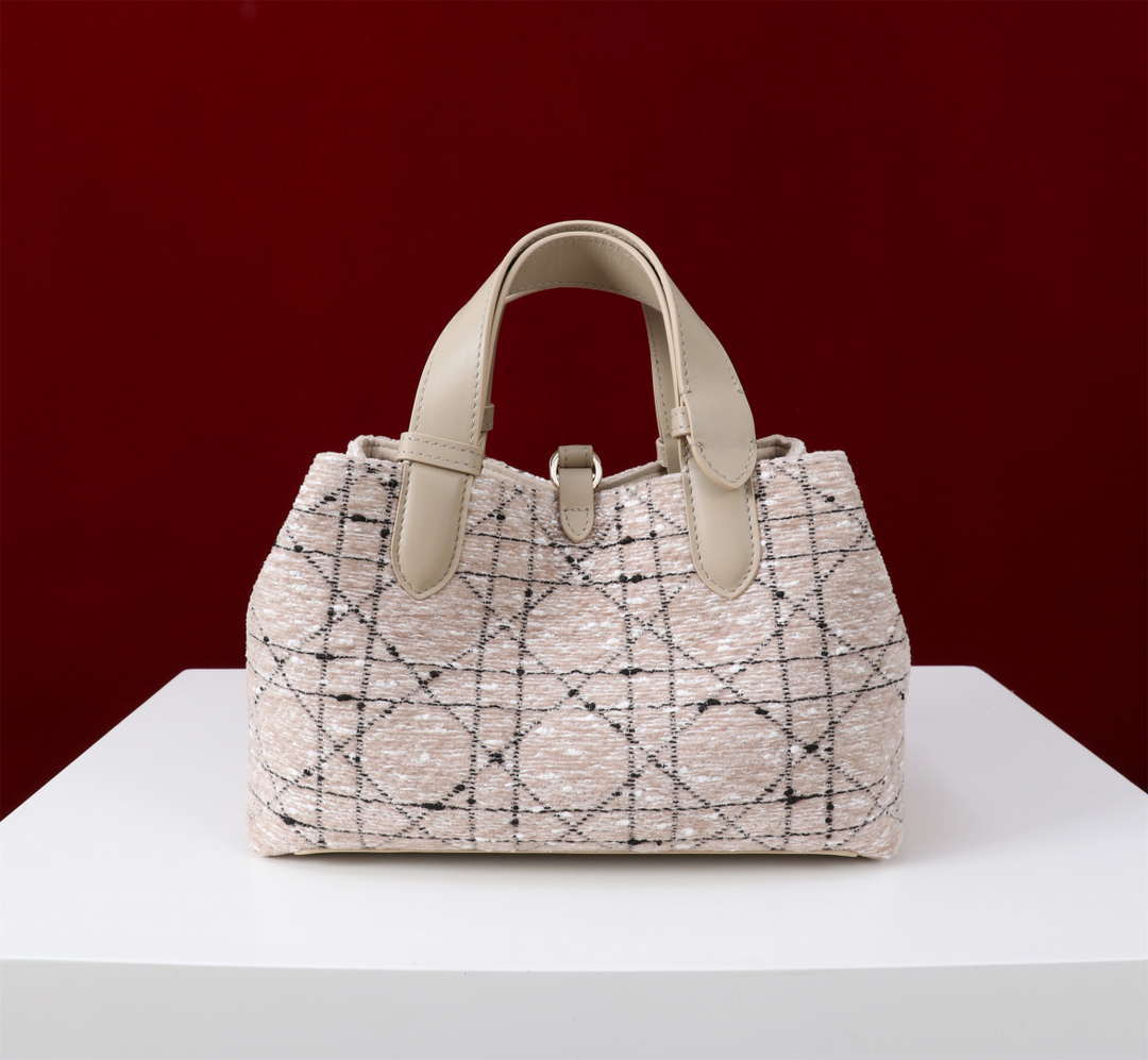 Dior M2822 Small Dior Toujours Bag Beige Tweed with White Cannage Motif