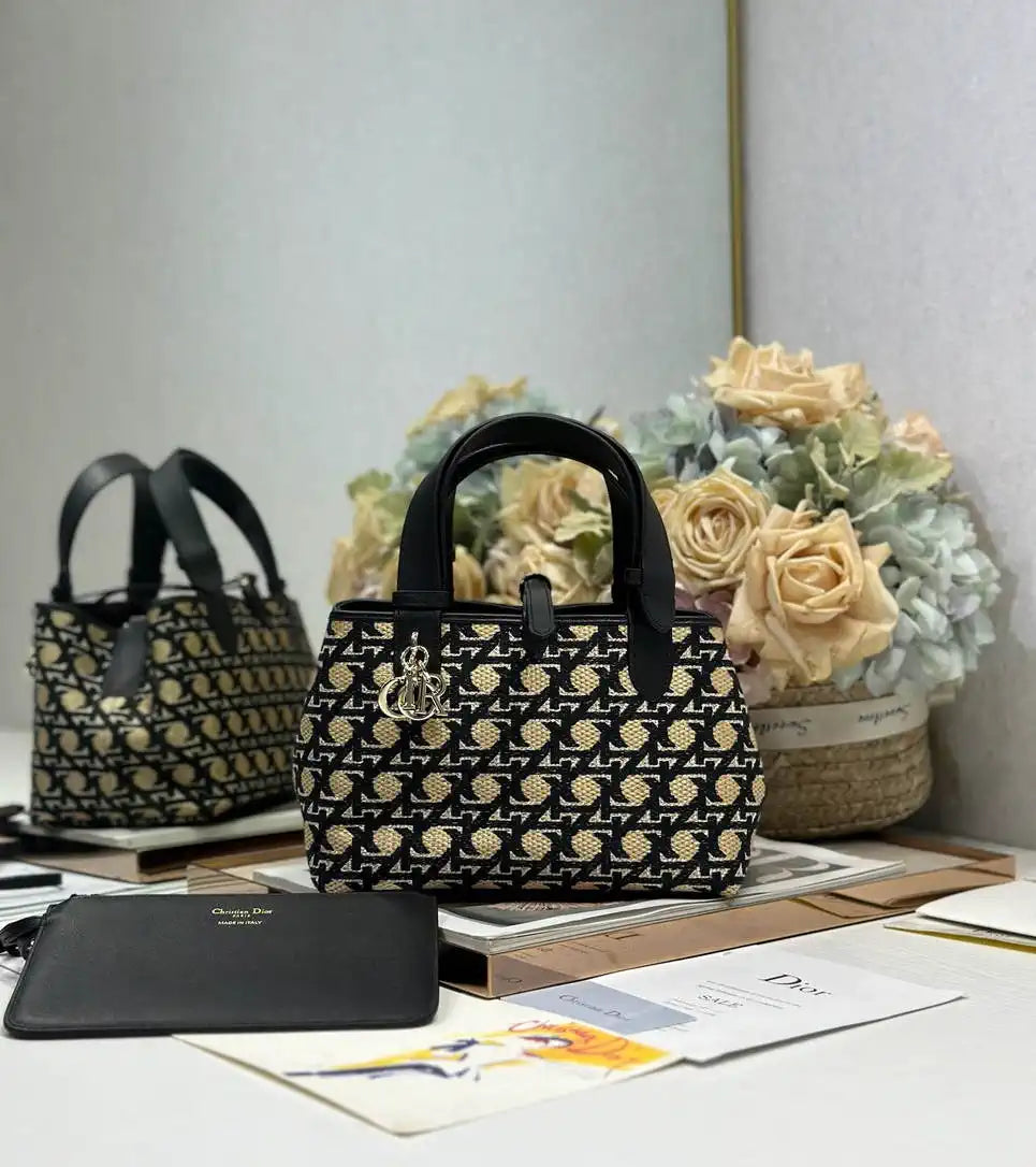 Dior M2822 Small Dior Toujours Bag Black canvas with diamond embroidery