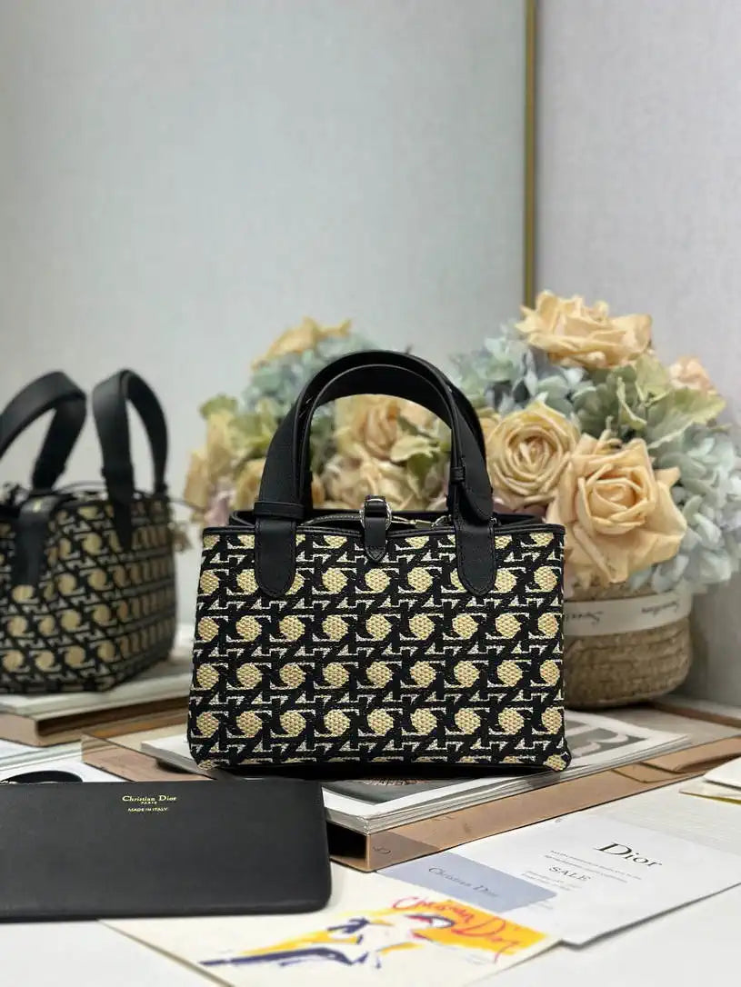 Dior M2822 Small Dior Toujours Bag Black canvas with diamond embroidery