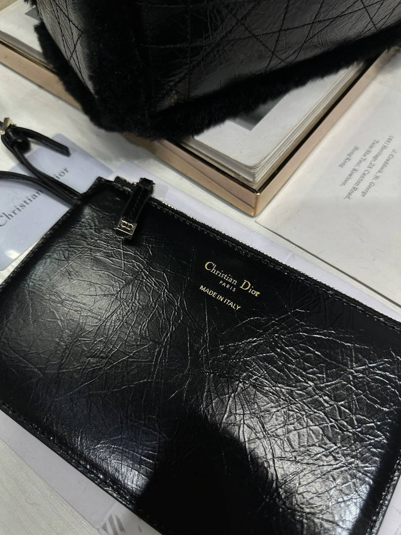 Dior M2822 Small Dior Toujours Bag Black Macrocannage Crinkled Calfskin and Merino Wool