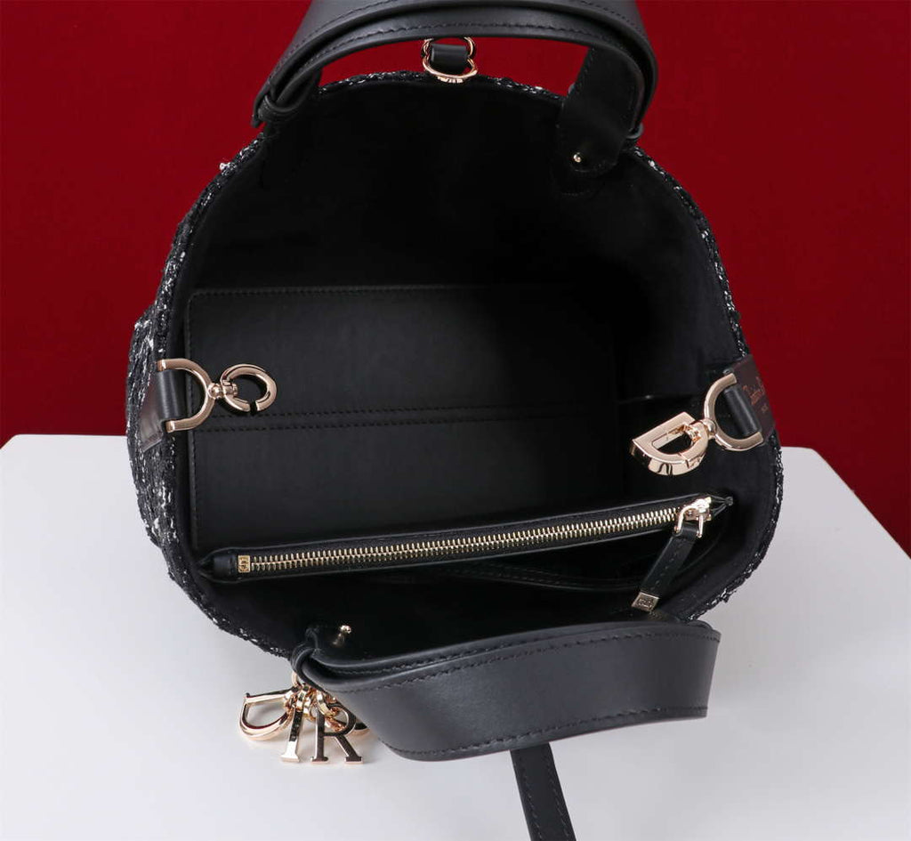 Dior M2822 Small Dior Toujours Bag Black Tweed with White Cannage Motif