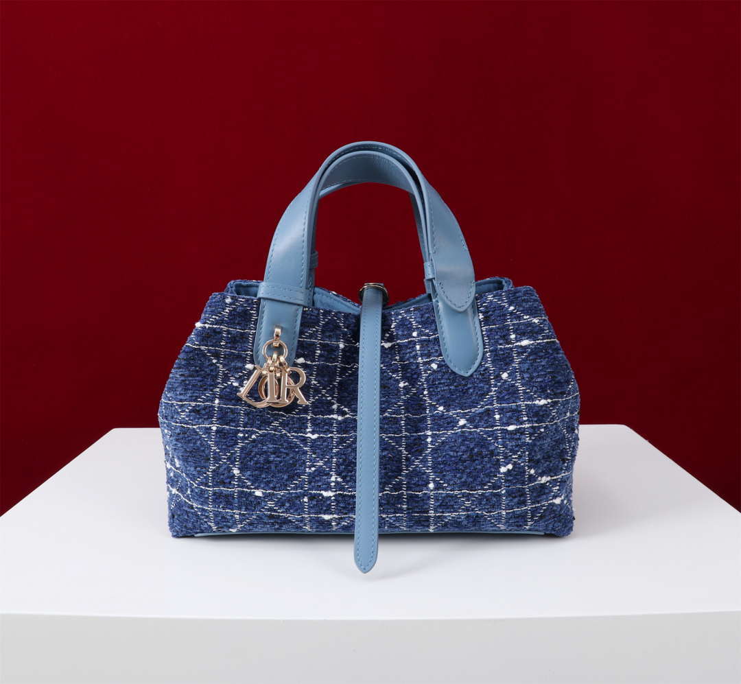 Dior M2822 Small Dior Toujours Bag Denim Blue Tweed with White Cannage Motif