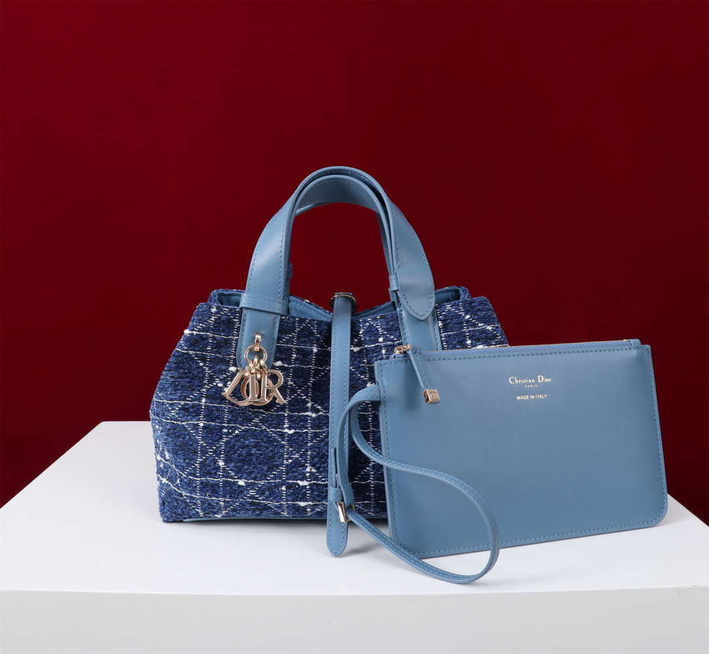 Dior M2822 Small Dior Toujours Bag Denim Blue Tweed with White Cannage Motif
